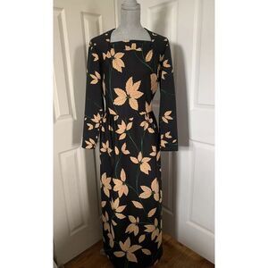 Vintage 70’s Leslie Fay B Altman & Co Long Dress Black W/ Gold Leaves Vintage Si